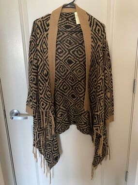 Faded Glory Black & Tan Geometric Open-Front Fringe Cardigan